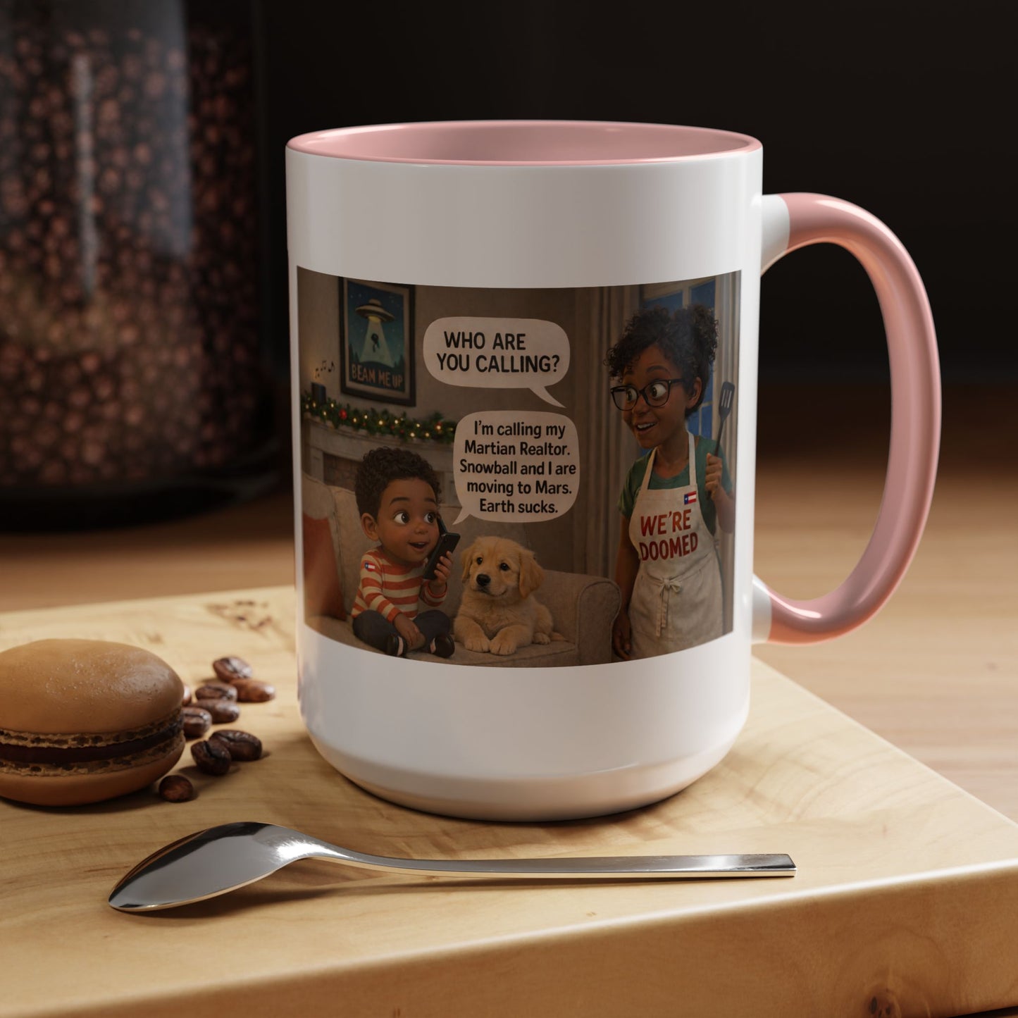 Dog Accent Coffee Mug – 'We're Doomed' Funny Cartoon Black Mom and Son Accent Mug (15 oz) - Chubby Little Cheeks Co.