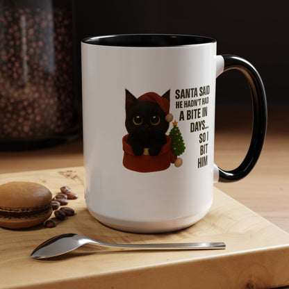Black Short Hair Kitten Christmas Mug – “Santa Said He Hadn’t Had a Bite in Days… So I Bit Him”