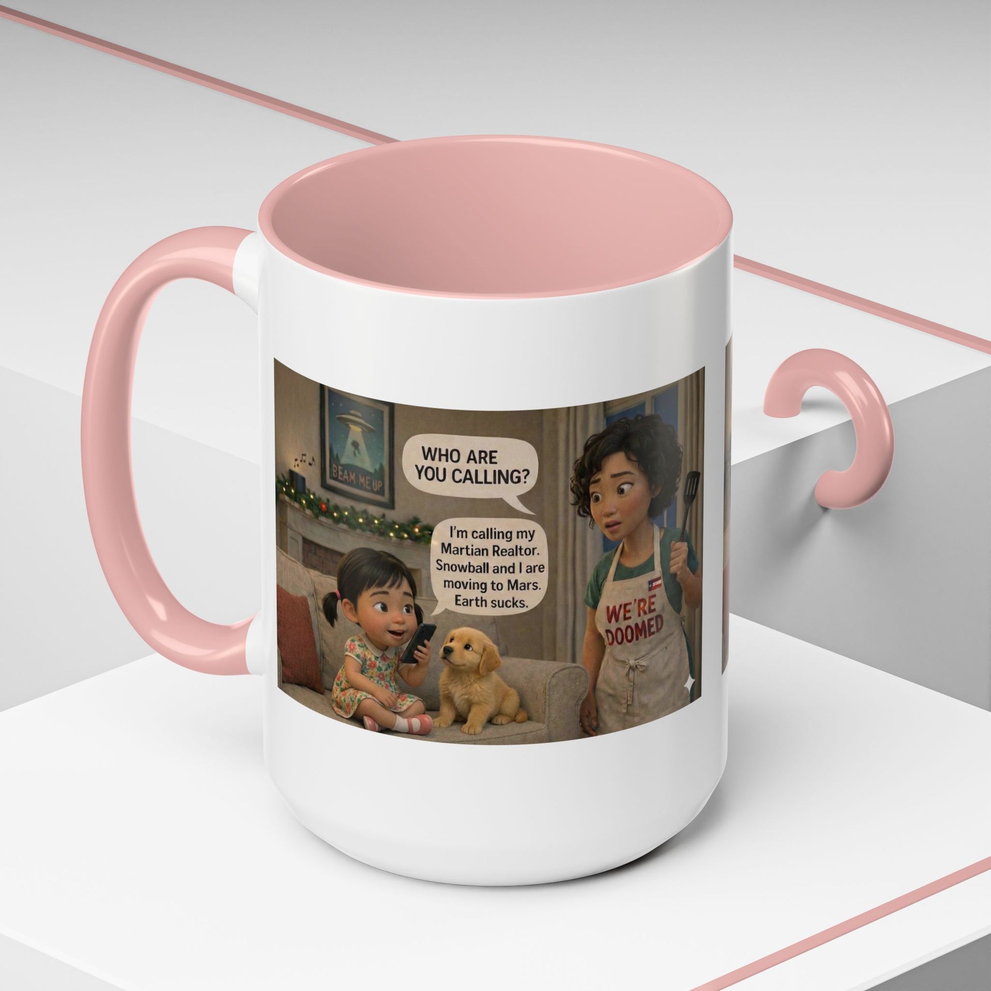 Dog Accent Coffee Mug — 'We're Doomed' Funny Asian Mom and Daughter Cartoon Coffee Mug (15oz) - Chubby Little Cheeks Co.
