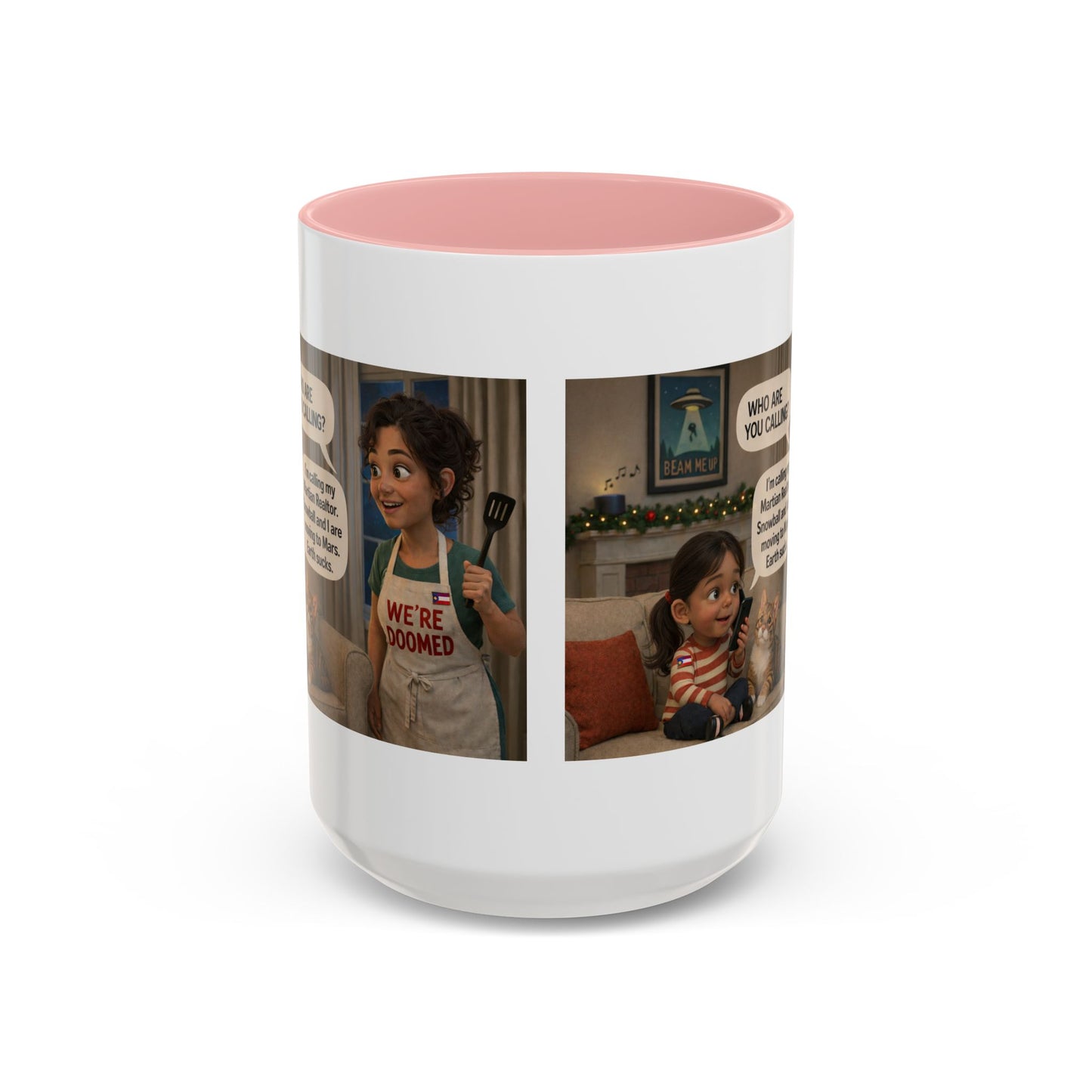 Cat Accent Coffee Mug — 'We're Doomed' Animated Latin Mom and Daughter Comic Accent Mug (15oz) - Chubby Little Cheeks Co.