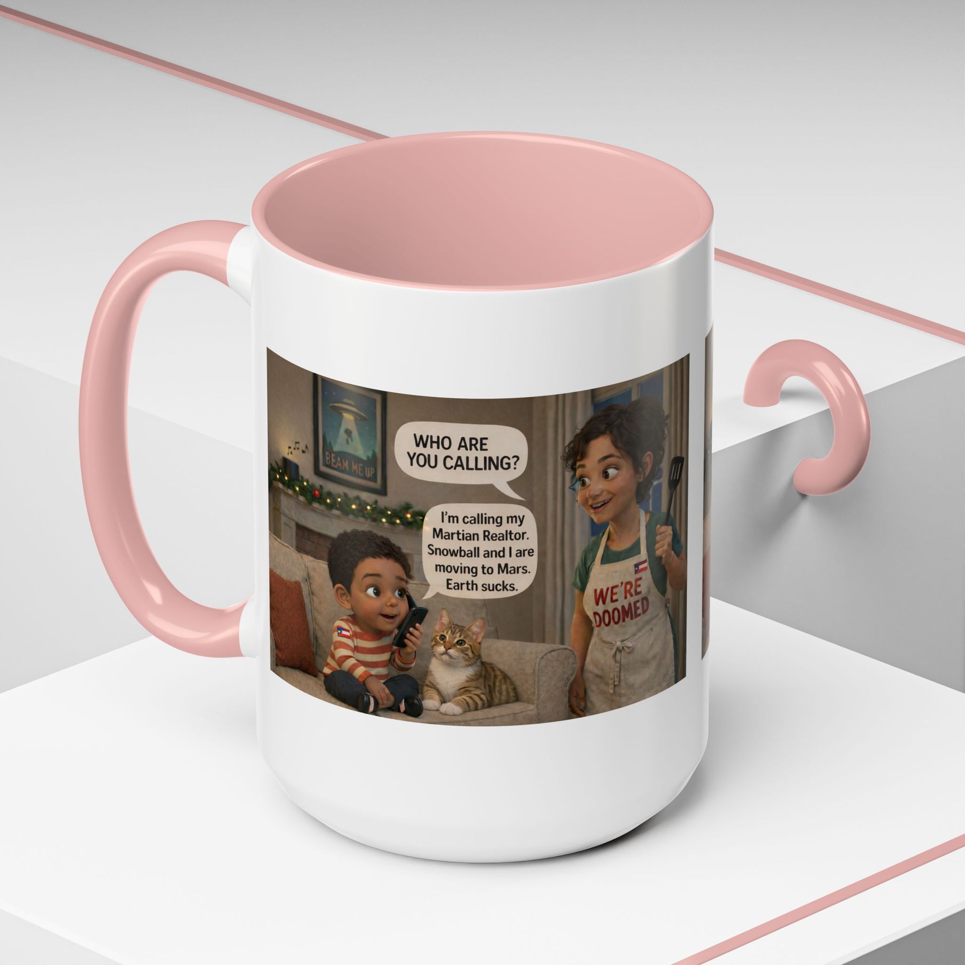 Cat Accent Coffee Mug — Funny Latin Mom and Son ‘We’re Doomed’ Illustration (15oz) - Chubby Little Cheeks Co.